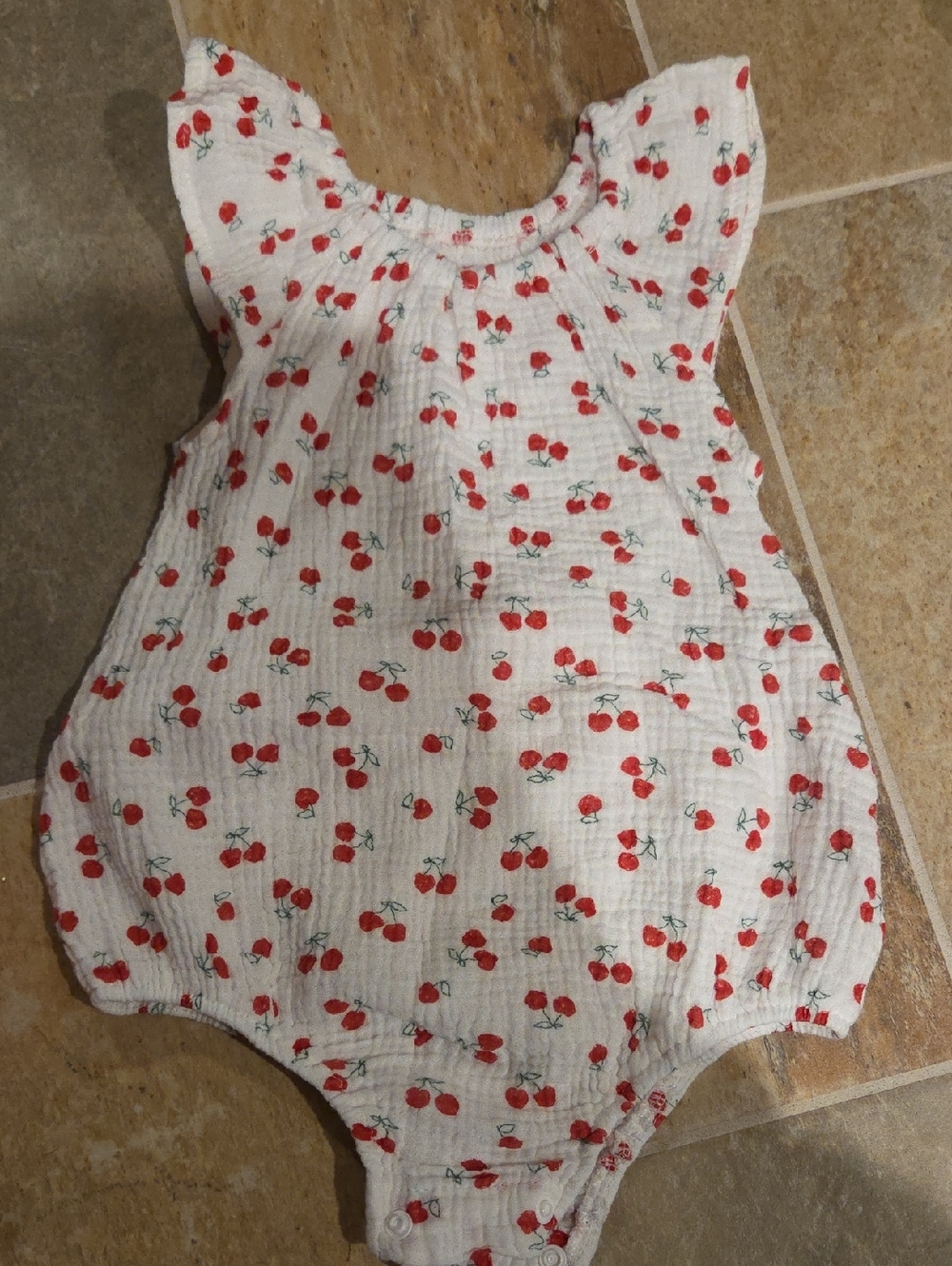 Baby Cherry Print Muslin Romper - White & Red